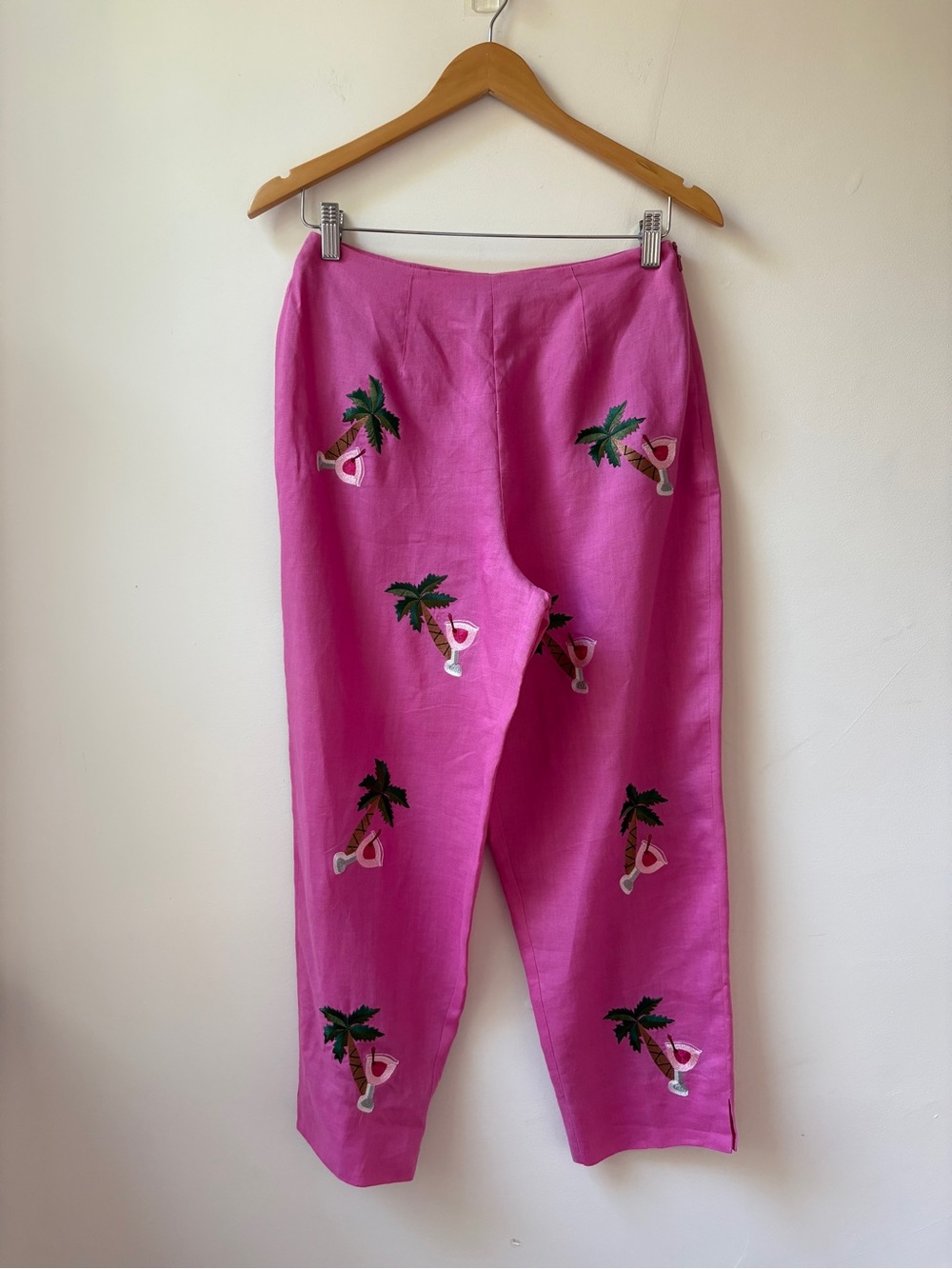 Linen Embroidered Palm-Print Cropped Pants - Picture 4 of 12